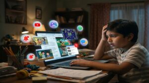 A stressed child studies on a laptop while surrounded by distracting apps and notifications.
